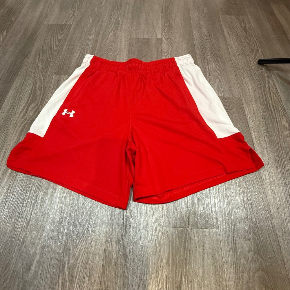 Under Armour Men's Red White UA Baseline Basketball Shorts Size L Loose Fit